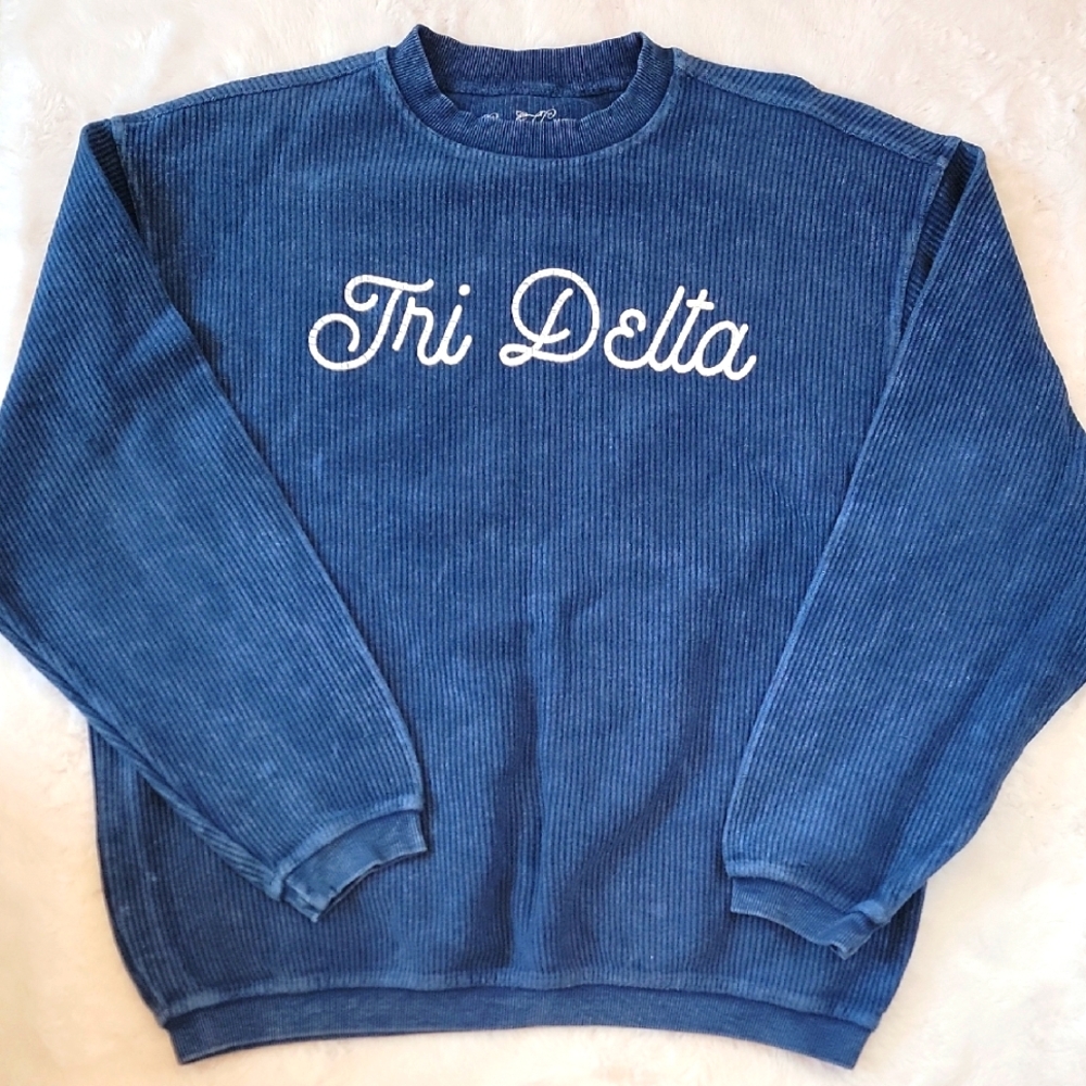 Corded Tri Delta Crewneck Sweatshirt In Navy. Size  Small w/ an Oversized Fit